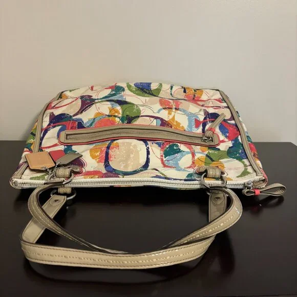 Coach Poppy Colorful Signature Canvas Hallie East/West Taupe Patent Leather Tote - Picture 8 of 14